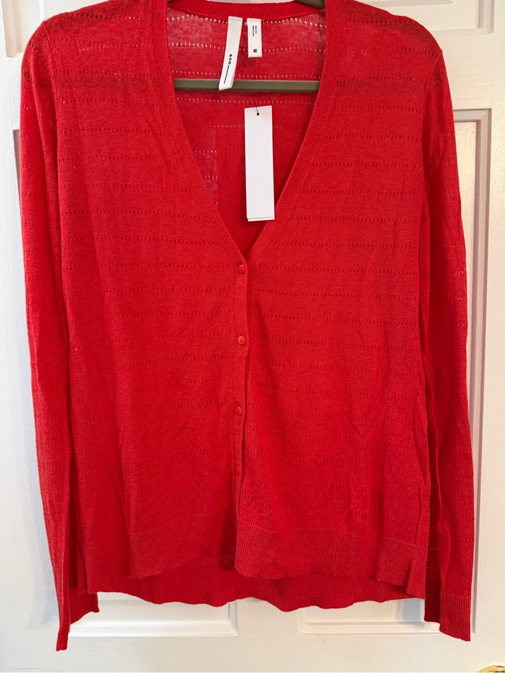 CO Red Linen Blend V Neck Button Cardigan Size M Lightweight Summer Layer NWT